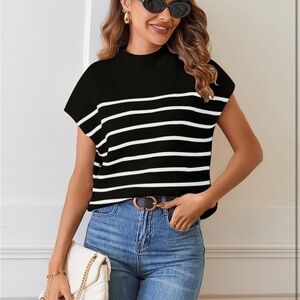 Mockneck Black and White Striped Tank